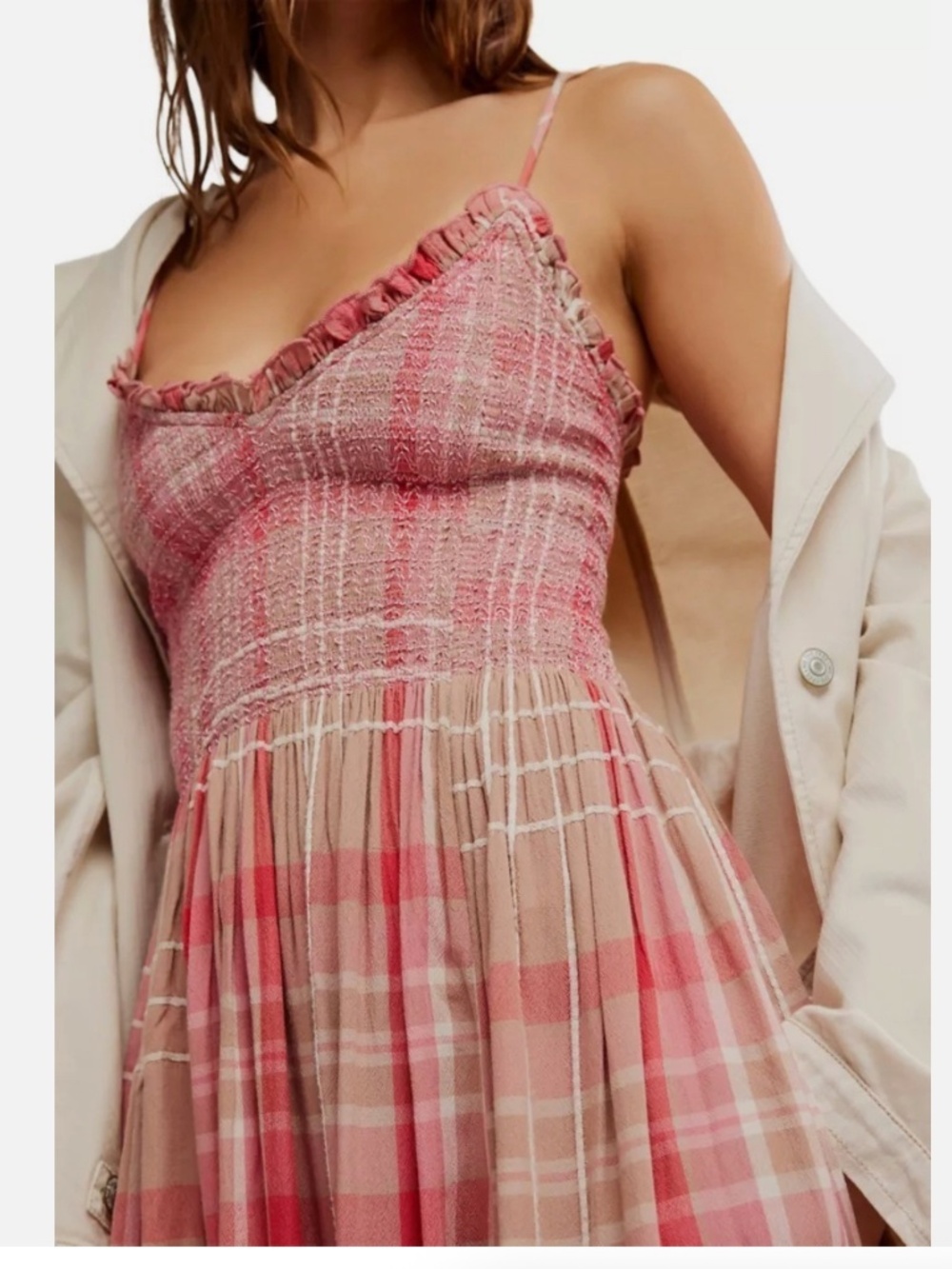 Free People Sweet Nothings Plaid Midi Dress Smocked Flowy Size Small - Picture 7 of 16